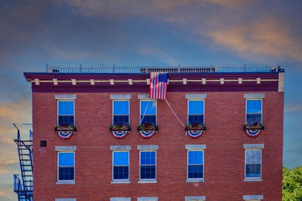 American flag bunting on windows
